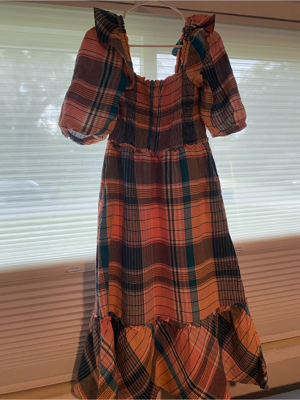 Vineyard Vines Coral Smocked Top with Plaid Trim